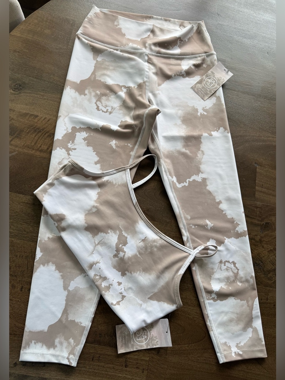 Beige and White Tie-Dye Active Legging and Crop Top Set